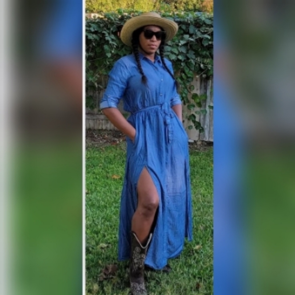 Denim Duster Button Down Maxi Dress with Side Slits